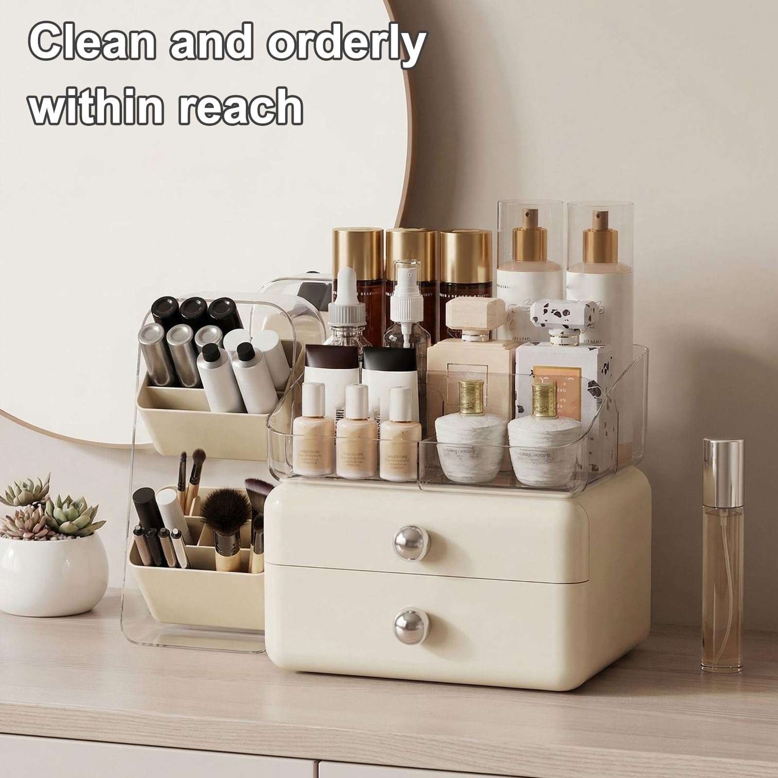 Caja de almacenamiento de cosméticos de escritorio, organizador de cosméticos de gran capacidad con 2 cajones, caja extraíble con múltiples compartimentos, organizador de maquillaje para