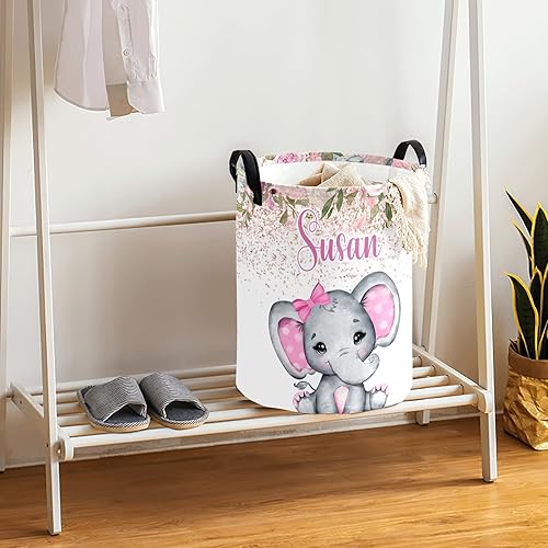 Miniatura 4 de Cesta de lavandería con diseño de elefante rosa, con diseño de flores y acuarelas, con nombre, organizador de asa, organizador de almacenamiento,
