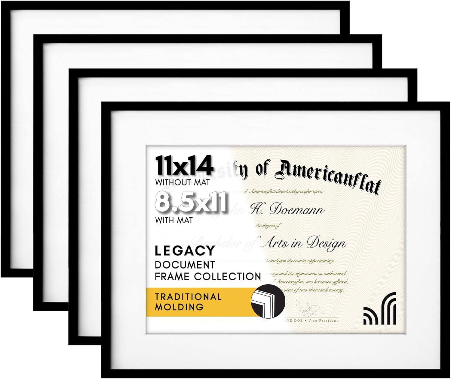 Americanflat 11x14 Diploma Frame with Shatter-Resistant Glass - Set of 4 - Use as 8.5x11 Frame with Mat or Display 11x14 Document Without Mat - Legacy Collection - Certificate Frames for Wall - Black