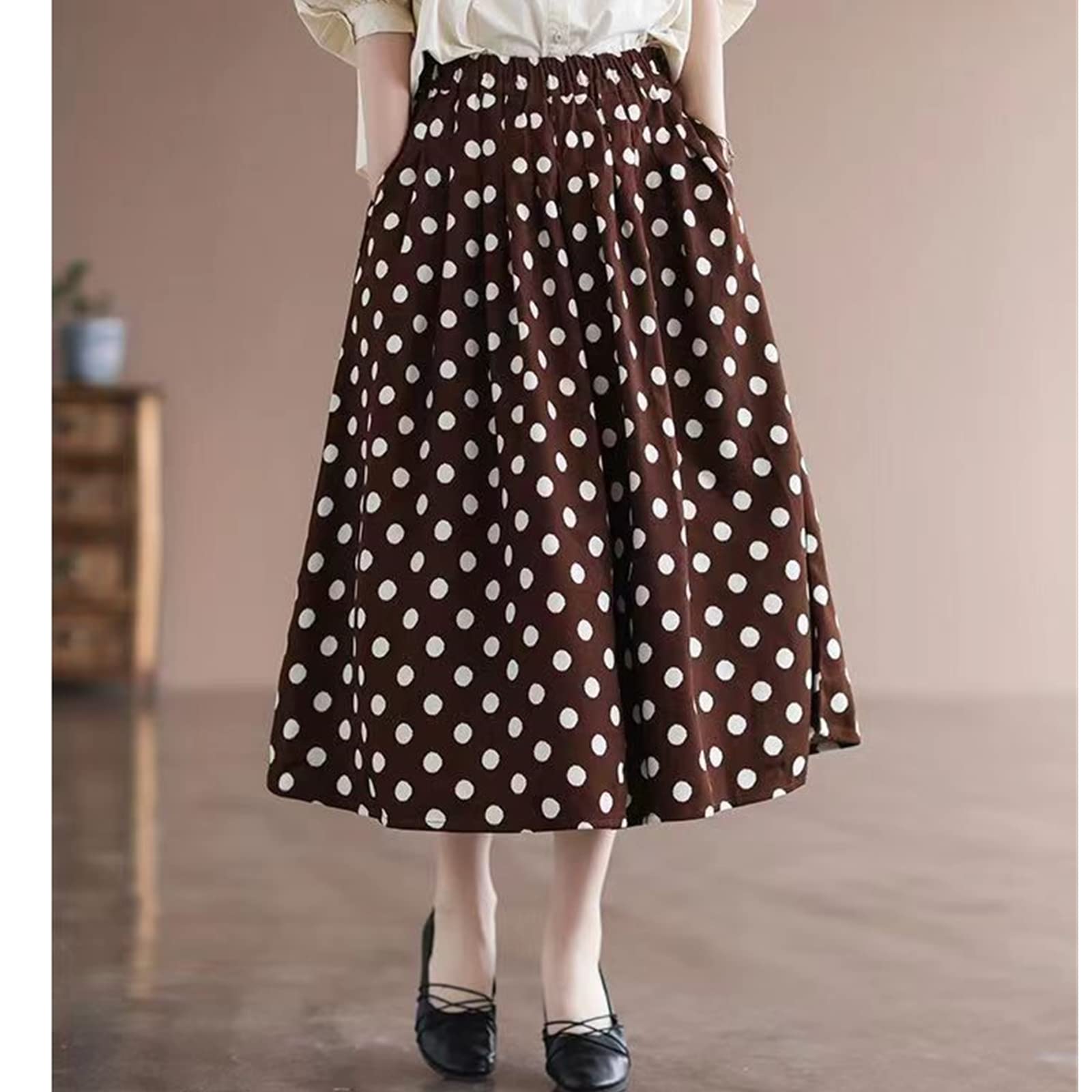 Falda larga con estampado de lunares, falda de medio cuerpo femenina primavera y verano nuevo temperamento retro literario elegante bolsillo cintura alta falda acampanada