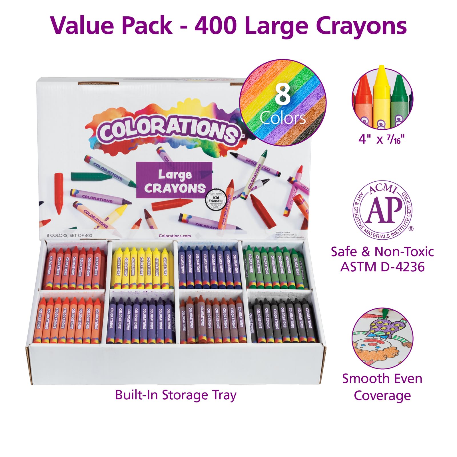 Colorations® Large Crayon Classpack, 8 Assorted Colors, 50 of Each, Set of 400, Larger size is Easier to Grip, Hold & Draw, Crayons glide easily, Non Toxic Crayons, Kids Crayons