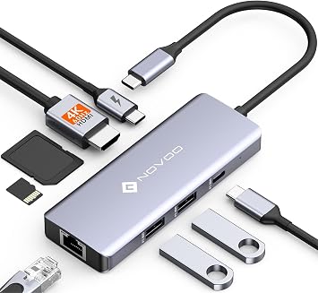NOVOO R8C Pro 8-in-1 Multiport Adapter 4K@60Hz HDMI, USB-C 3.0, USB-A 3.0, 2x USB-A 2.0, RJ45 Ethernet, SD/TF Card Slots - USB C Adapter for MacBook, Dell, HP, Lenovo & More