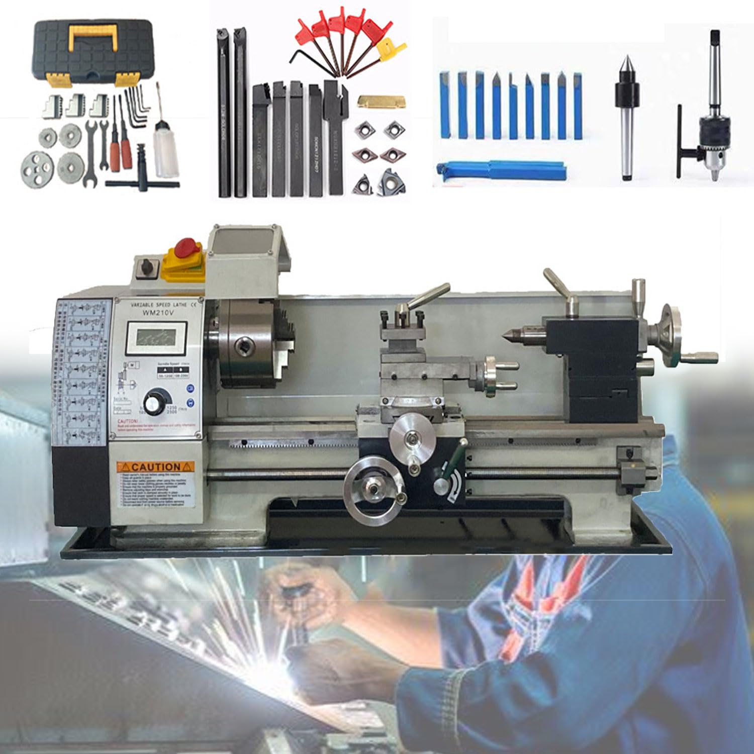 Mini tornio per metallo da 900 W, tornio per metallo elettrico da banco di precisione industriale, velocità variabile continua 50-2500 giri/min, con cassetta degli attrezzi con mandrino in metallo