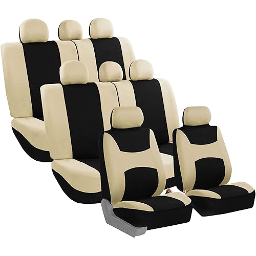 FH Group Automotive Seat Covers Light & Breezy Flat Cloth Seat Cover Three Row Set Beige, Airbag and Split Rear Car Seat Cover Universal Fit Interior Accessories Cars Trucks SUV Car Accessories