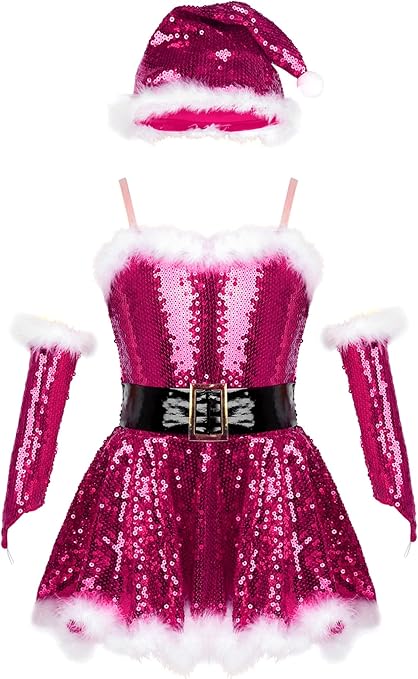 MSemis Mädchen Weihnachtskleid-Set – Paillettenkleid + Mütze + Handschuhe – Für Party & Eiskunstlauf (Gr. 4-16)