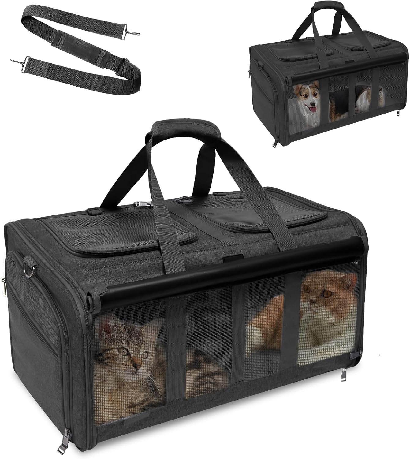 GJEASE Cat Carrier for 2 Cats,Large Double-Compartment Pet Carrier for 2 Pets,Multiple Cat Carrier for Up to 35 LBS,Super Ventilated Design,Ideal for Traveling/Hiking/Camping Black Double-Compartment