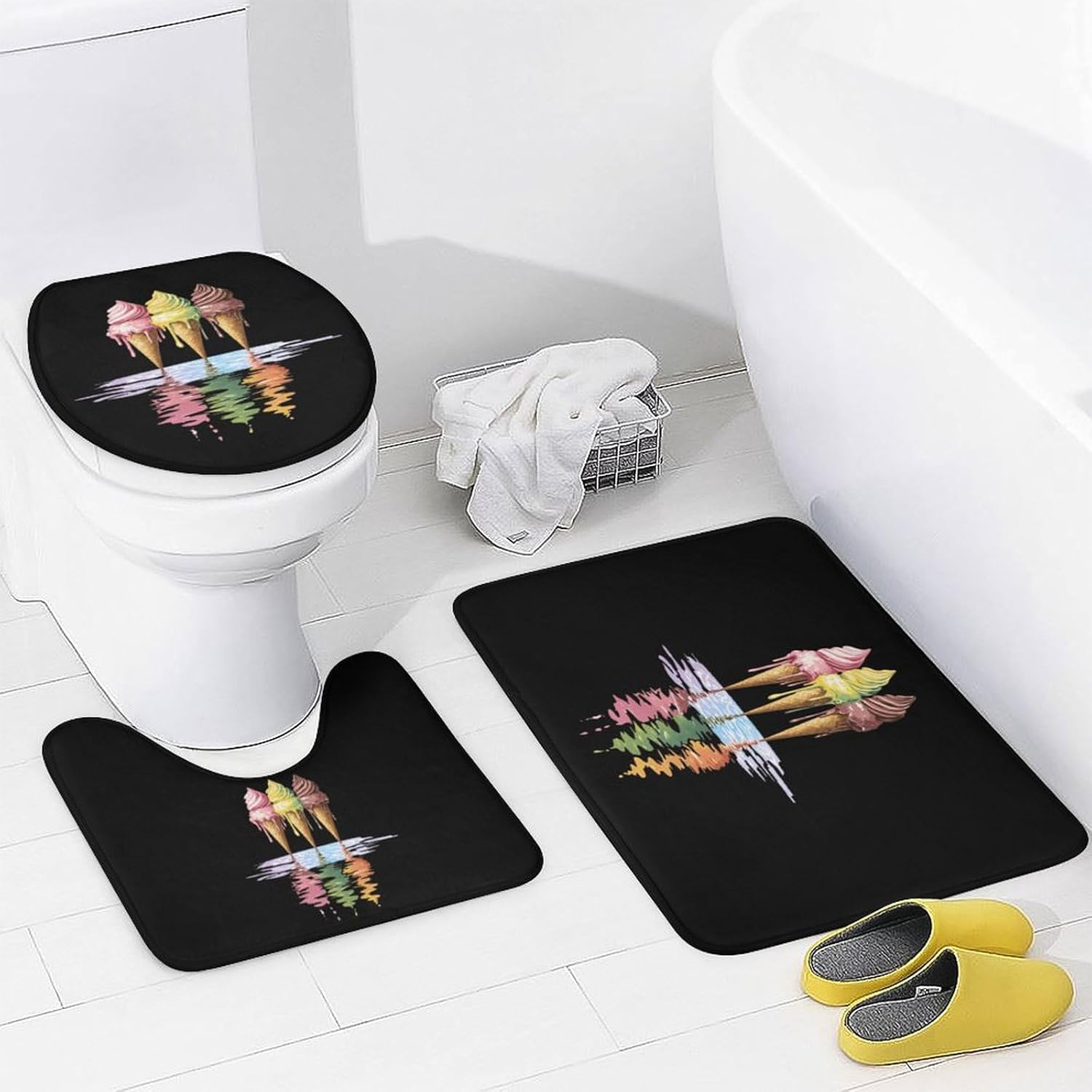 Ice Cream Cones Gelato Bathroom Sets with Shower Curtain and Rugs 4 Piece with U-Shaped Floor Mat Toilet Lid Cover
