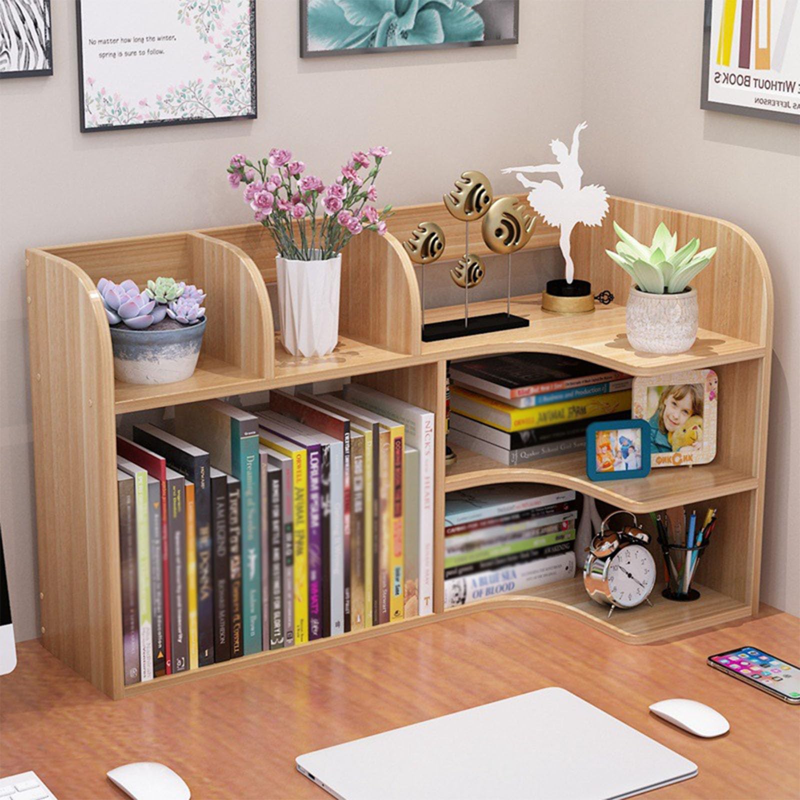 CWCQGH Freestanding Wooden Corner Bookshelf - Desktop Bookcase for Home Office & Dorm - Stylish Storage Solution for Books, Decor & Organizers,D-Right