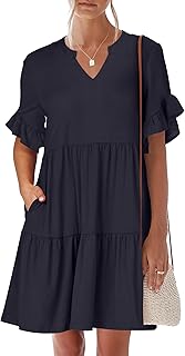 Womens Summer 2026 Trendy Ruffle Short Sleeve V Neck A Line Tiered Flowy Loose Casual Mini Beach Dress with Pockets