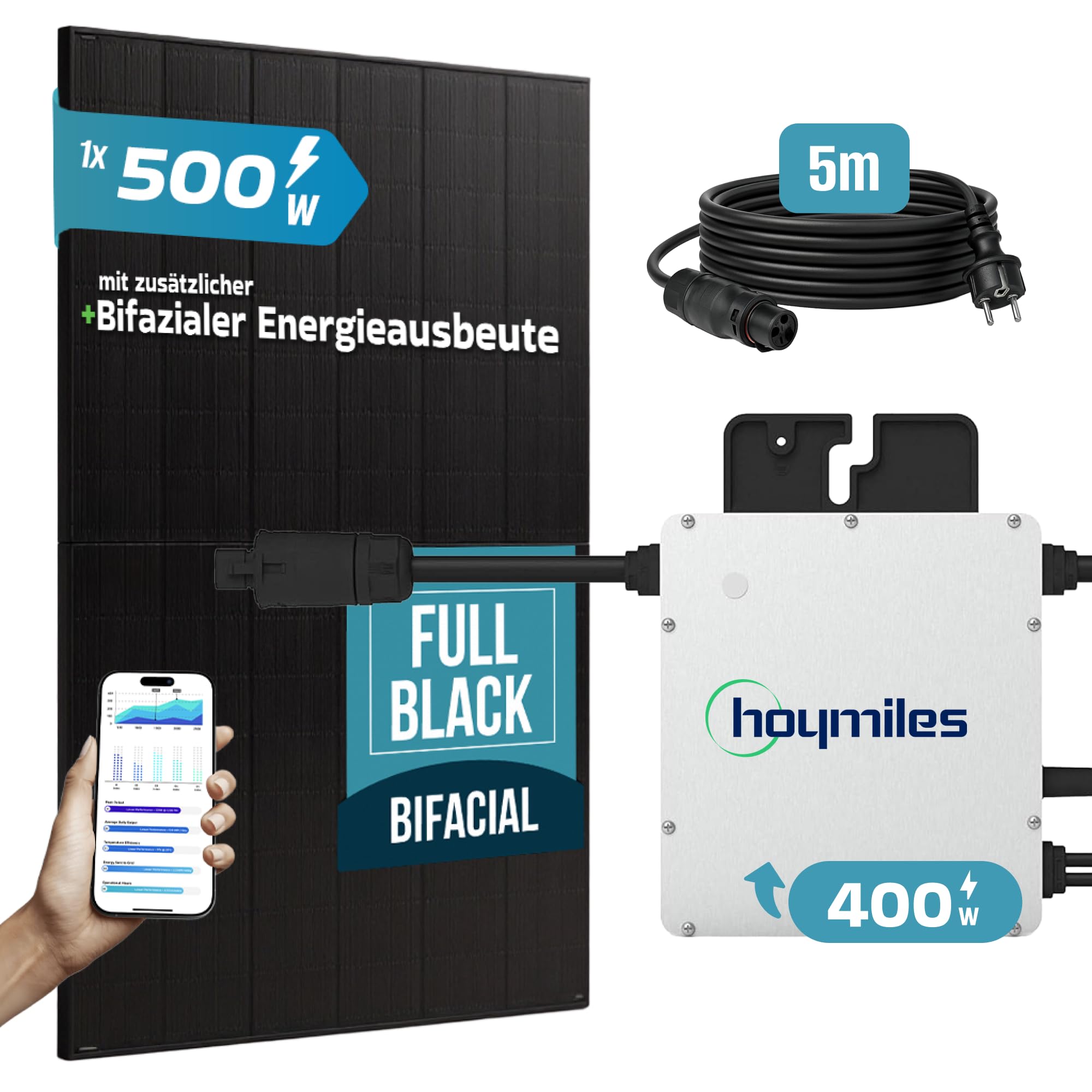 SUNNIVA® 500W Balkonkraftwerk BIFAZIAL FULLBLACK komplett Steckdose HOYMILES 400 Watt Wechselrichter, PV Solaranlage Komplettset, 1x 500W N-Type Glas Bifacial Solarmodule, 5m Kabel