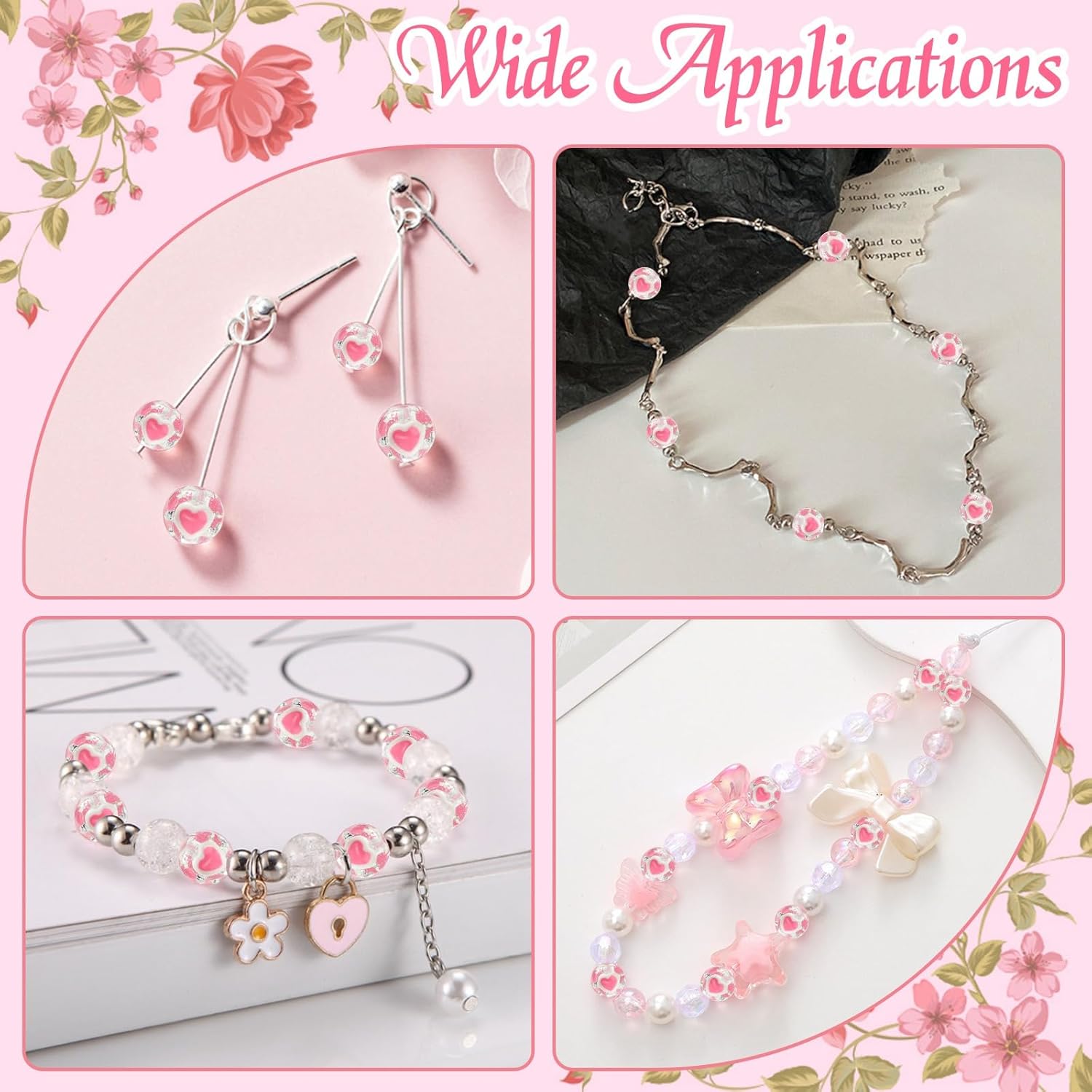 LiQunSweet 40 Pcs Mixed Color Handmade Lampwork Glass Beads Pink Round with Heart Loose Spacer Beads for DIY Jewelry Making Crafting Accessories