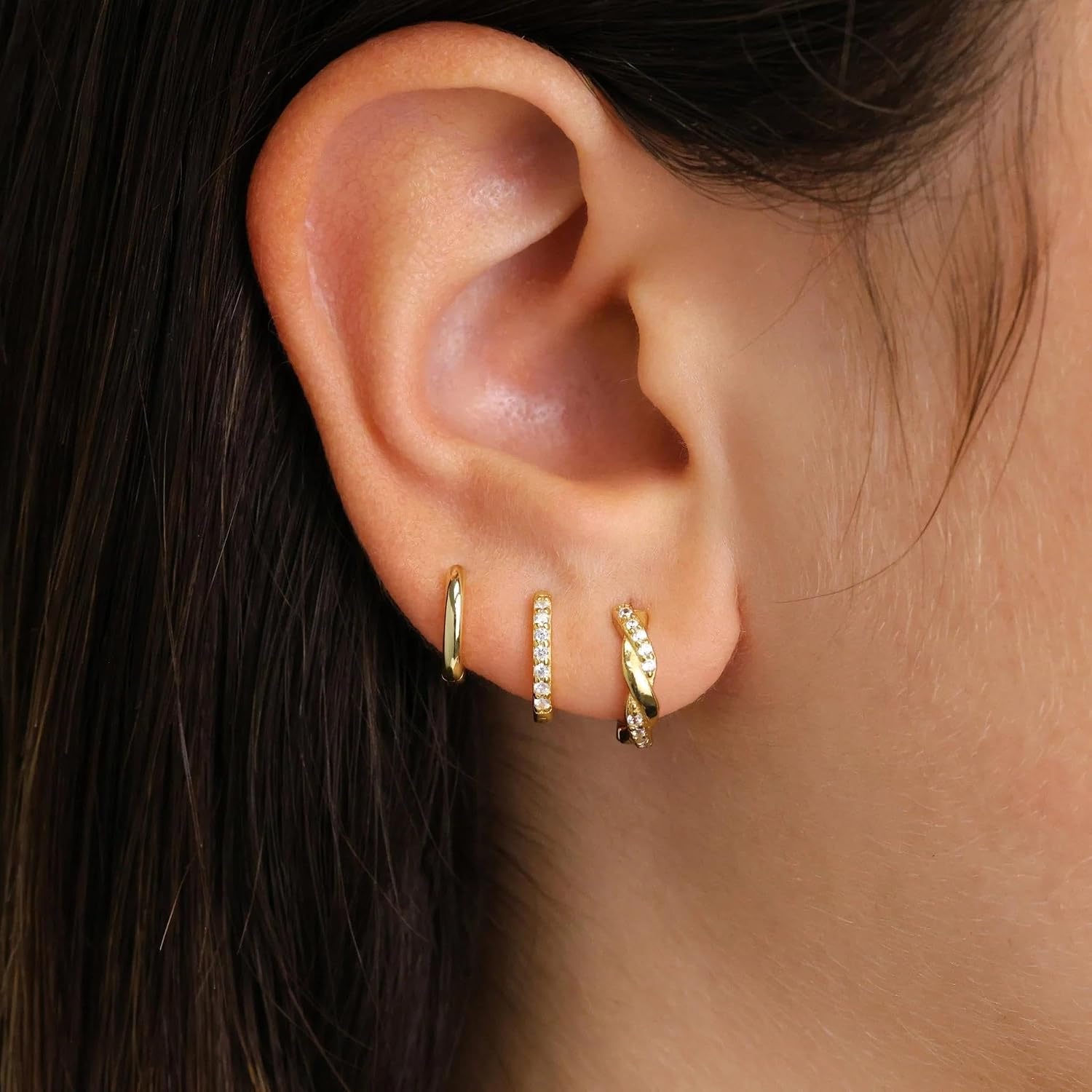 Inerney 14K Gold Plated Huggie Hoop Earrings for Women, Small Sterling Silver Earring Set Hypoallergenic Cartilage Helix Stacks, Mini Dainty Cute Trendy Birthstone Jewelry Gift for Multiple Piercings