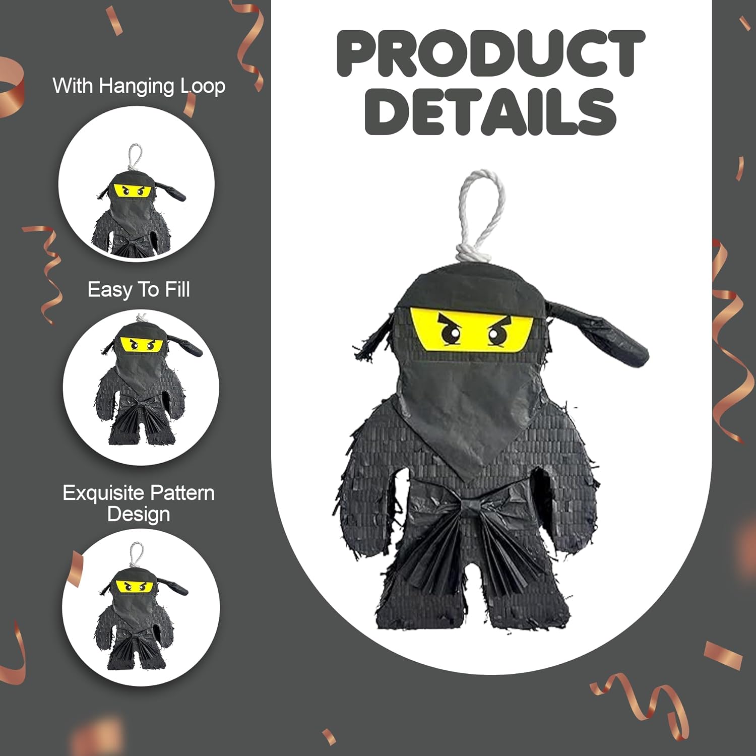 APINATA4U Black Ninja Pinata with Stick and Blindfold Ninja Themed Birthday Party Decoration Party Decor for Martial Arts Themed Events Kids Supplies Birthday Gift for Kids Favors