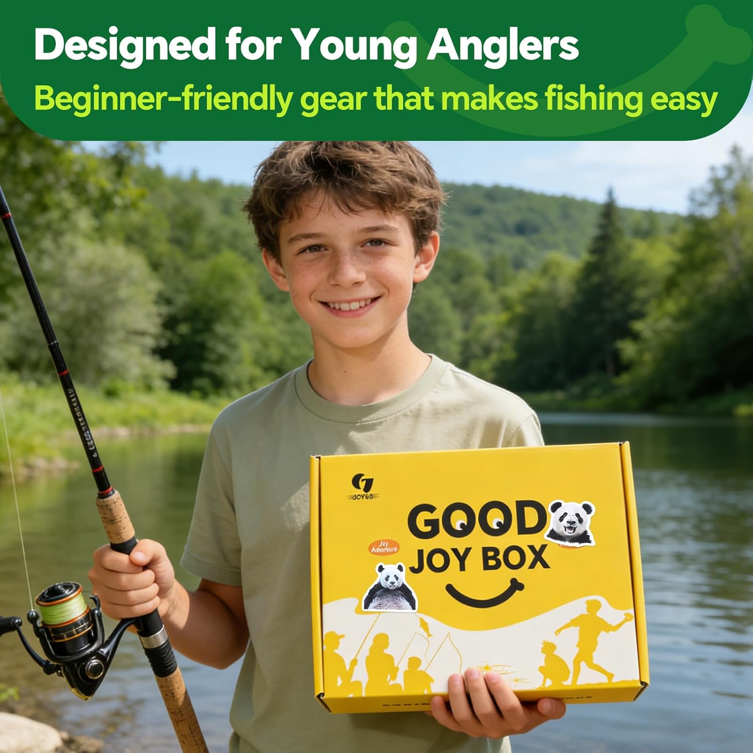 Good Joy Gift Box Fishing Kit for Kids/Beginners Age 8-14 | Ready-to-Fish Kit with Safety Whistle, Fishing Set Stuff with Lures & Line, Kid Gift Suitable Freshwater Pond Lake