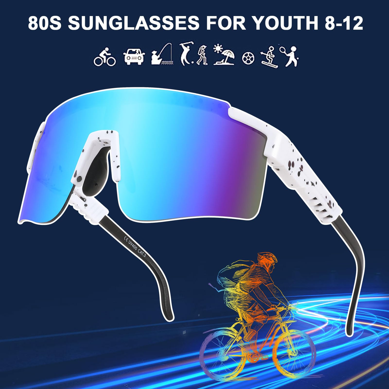 Jugend-Sonnenbrille für Herren und Damen, 80er-Jahre, Sport-Baseballbrille mit verstellbarem Beinvisier, für Alter 8–16 Jahre