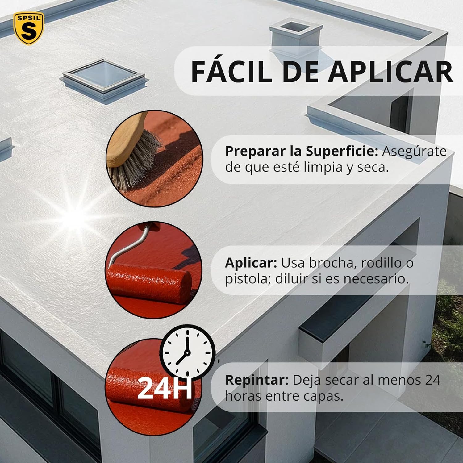 SPSIL Pintura Impermeabilizante Blanca 750 ml-Sellador Antihumedad y Antifiltraciones para Tejados, Terrazas, Cubiertas y Fachadas – Secado Rápido 1-2 h-Protección Exterior Duradera hasta 5 Años - 4