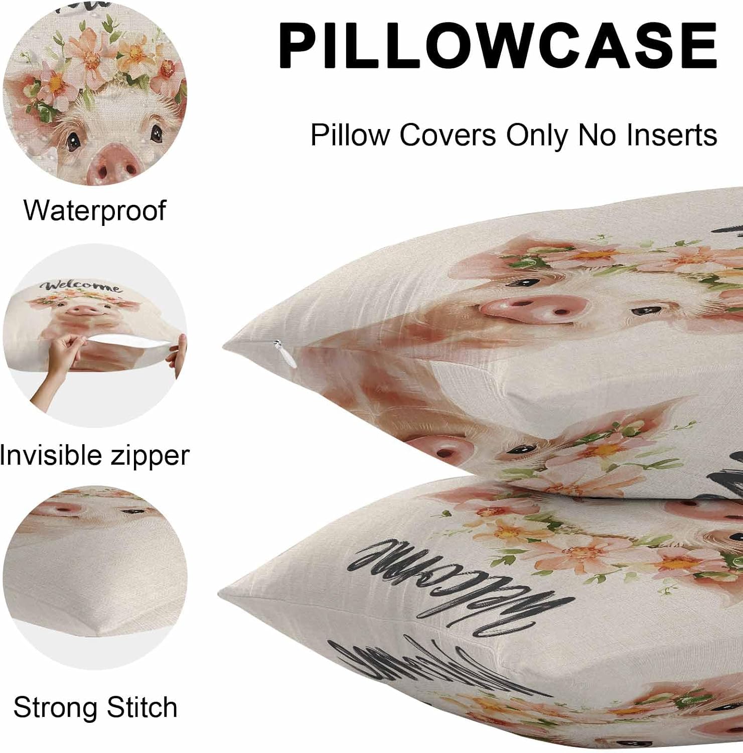 Cute Pig Outdoor Pillow Covers 18 x 18 inch Set of 2 Welcome Garland Rustic Waterproof Throw Pillow Cover Cushion Case for Home Outside Patio Furniture Garden Porch