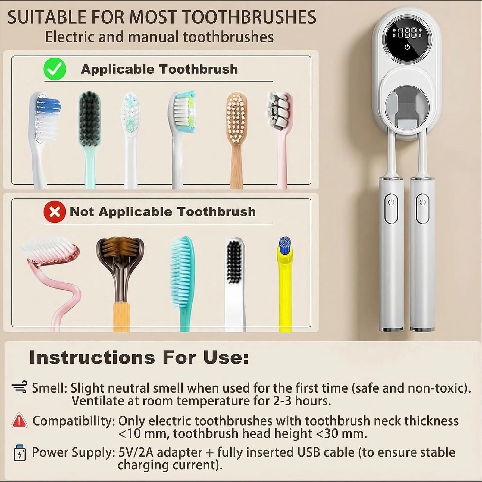 Portaspazzolino da parete con 2 fessure, custodia per la pulizia a induttanza senza trapano, per spazzolini da denti elettrici/manuali, organizer da bagno con design impermeabile e salvaspazio (bianco