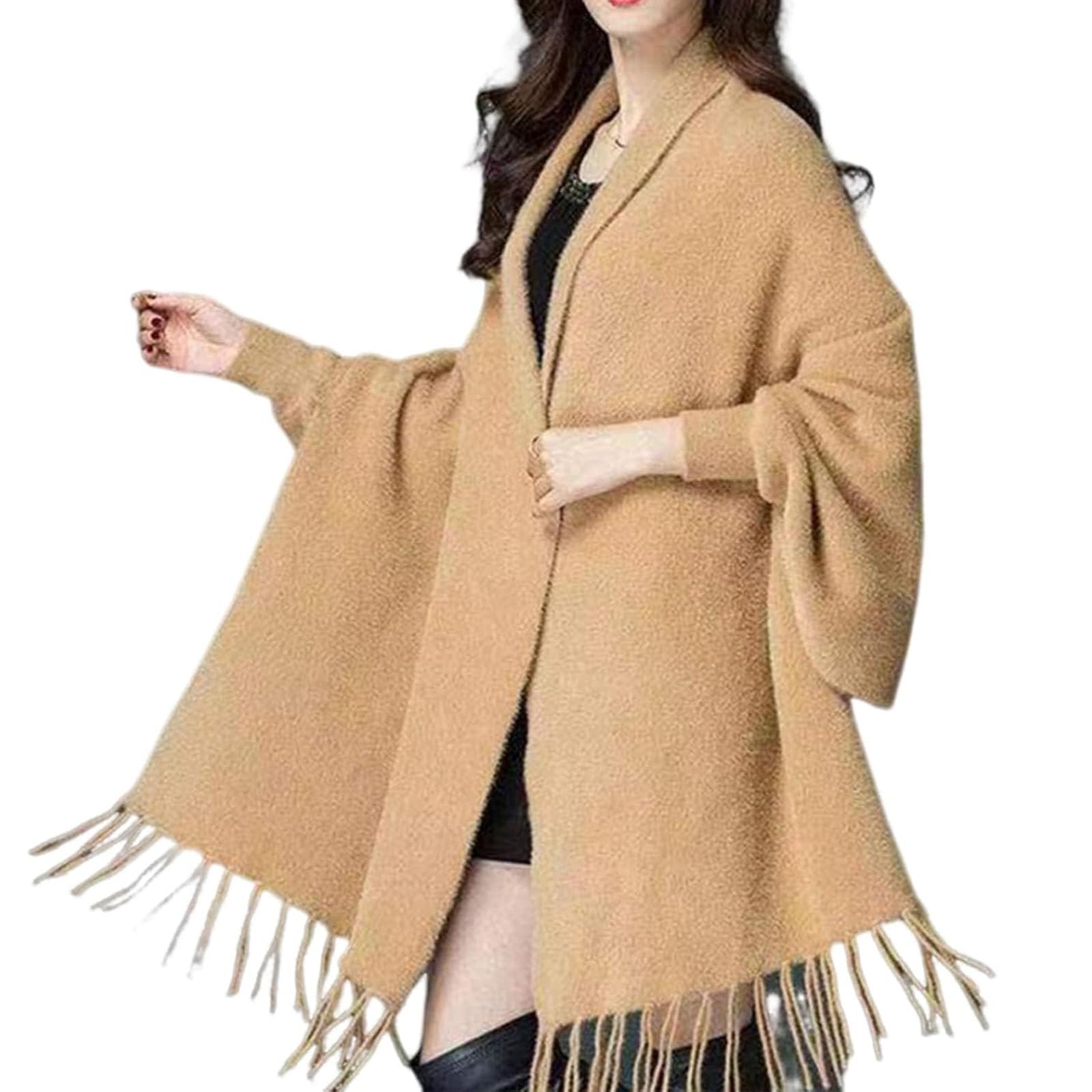 Générique Poncho Cape en Maille Douce pour Femme, Cardigan à Manches Longues Ouvert sur Le Devant avec châle à Pompons pour l'automne-Hiver