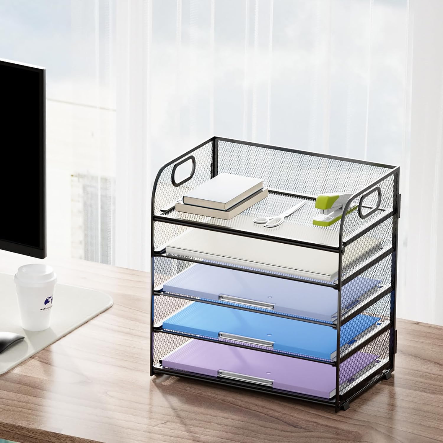 Marbrasse Organizador Escritorio,5 Niveles Malla Bandeja de Papel con Asa,Archivo Estantería para Hogar Oficina Accesorios(Negro)