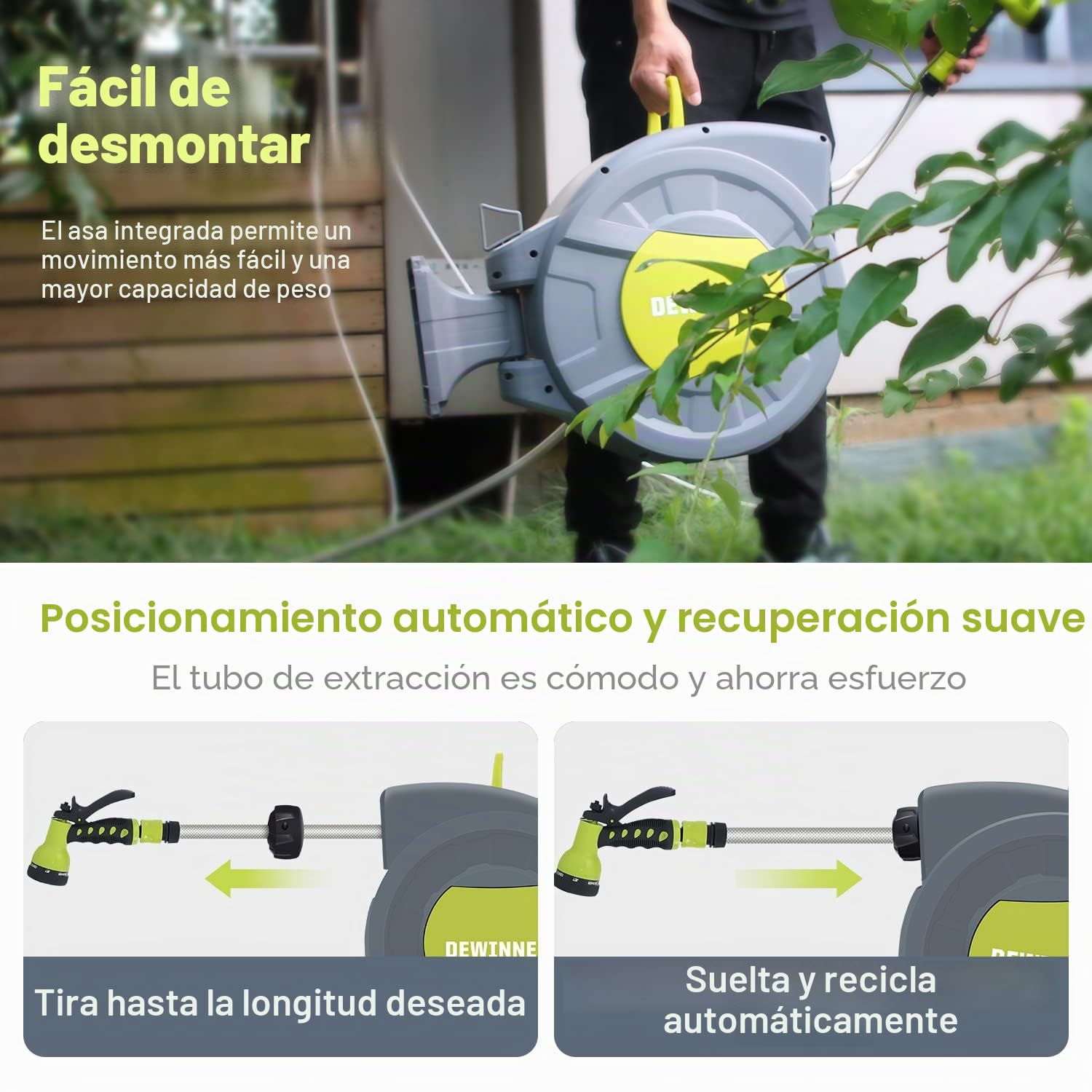 Carrete de Manguera de Jardín, DEWINNER Carrete Automático de Montaje en Pared con Boquilla de Pulverización, Soporte de Rebobinado Automático, Servicio Pesado, Manguera de 20+2M Riego Al Aire Libre