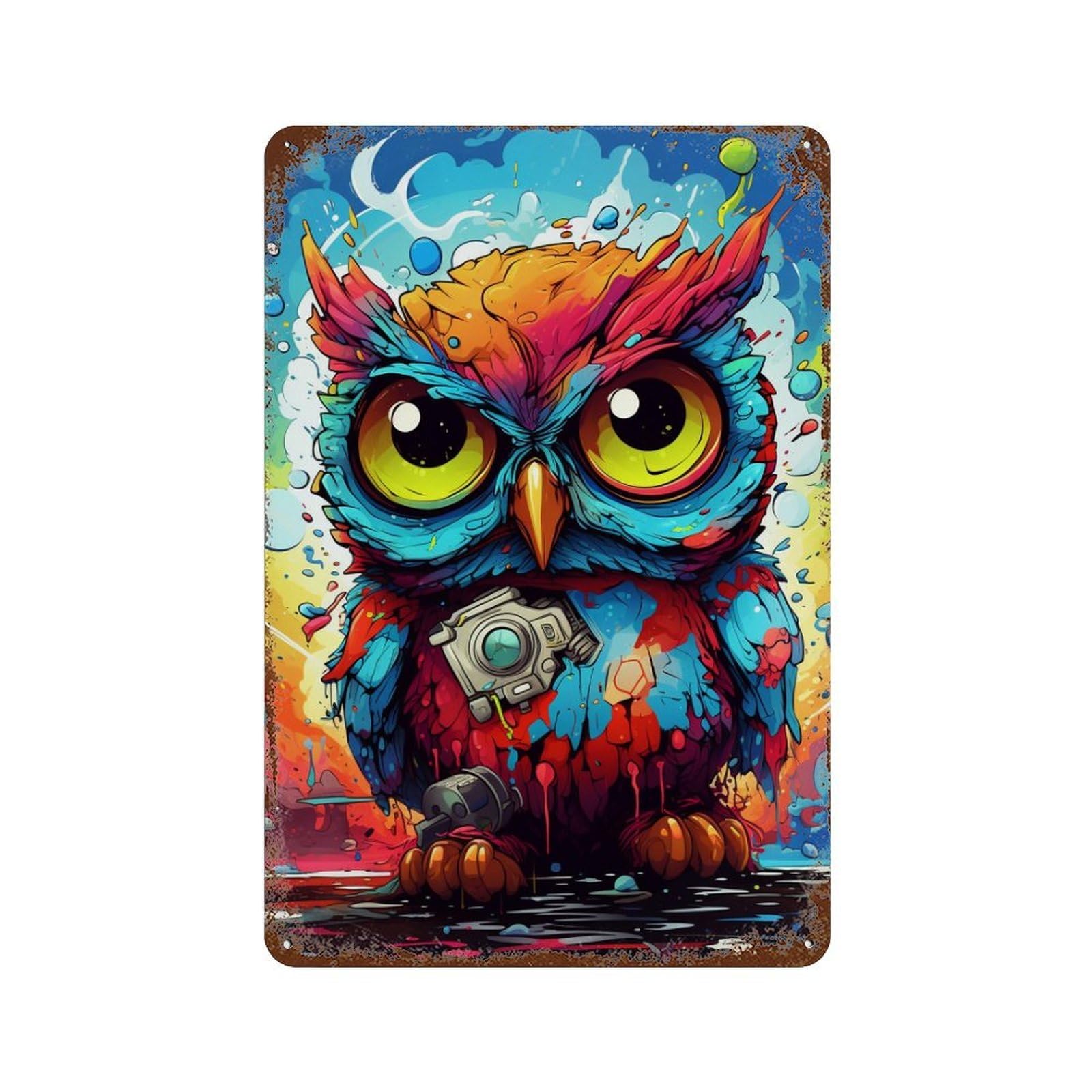 Colorful Owl with Camera Illustration Vintage Wall Sign 11.8"x7.9", Rust Effect Metal Decor for Shed, Workshop And Garage Wall Decor