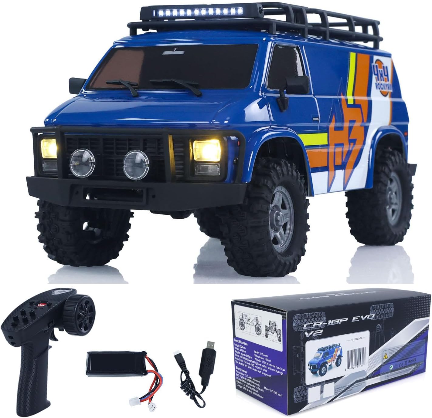 CR18P 1810503 Hobby Plus 1/18 4X4 RC Rock Crawler Electric Remote Control Off Road Vehicle RockVan Light System Shock Absorber Hobby Grade Model for Adult(Blue)