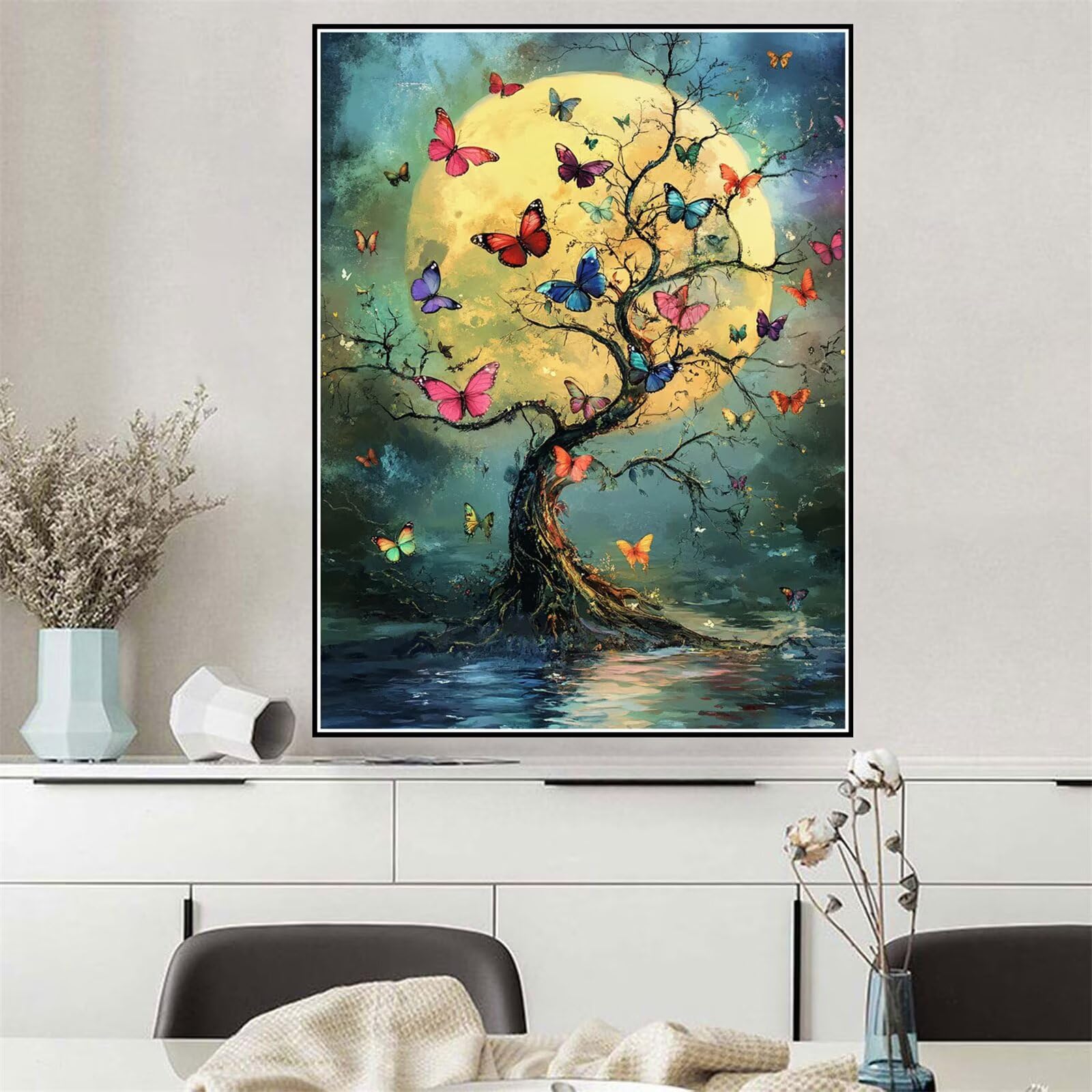Malen Nach Zahlen Erwachsene Baum des Lebens Malen Nach Zahlen Schmetterling Paint by Numbers, DIY Handgemalt Ölgemälde Leinwand Set für Anfänger, Deko Wohnzimmer, Geschenke für Frauen 60x80cm Q-976