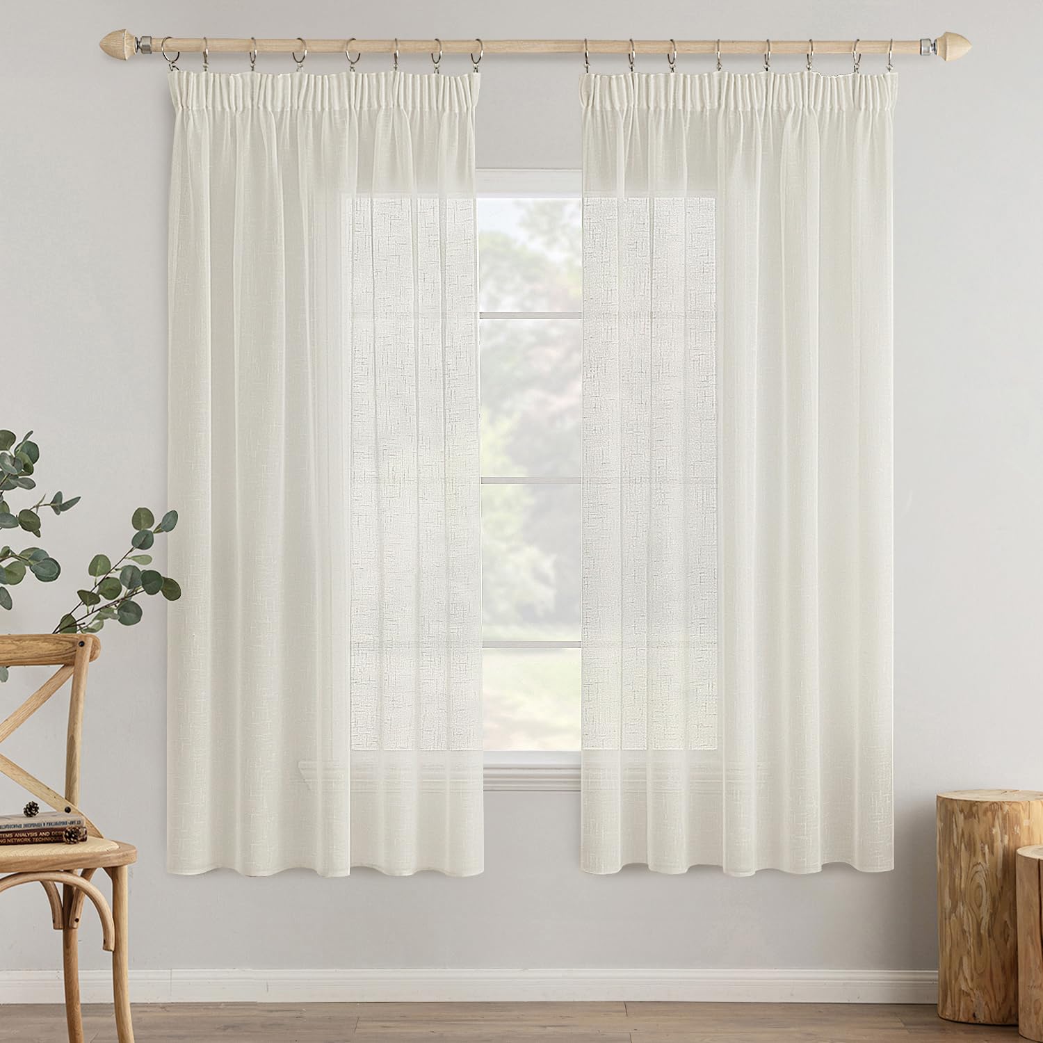 Cortinas transparentes MIULEE de visillo crema 140x160cm con cinta de volantes para dormitorio