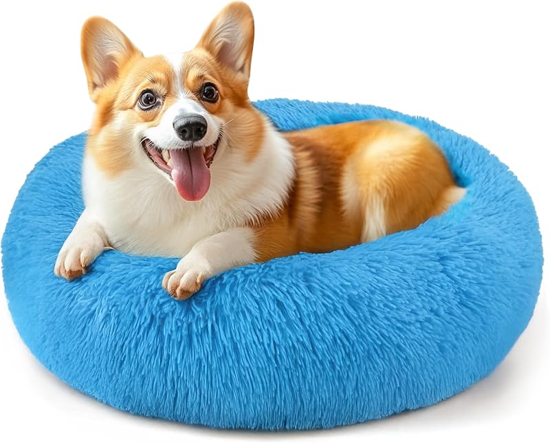 Cama Donut para Cães e Gatos Hoewina, Pelúcia Macia, Base Impermeável e Antiderrapante, Azul-Claro, 71,12 x 71,12 x 20,32 cm