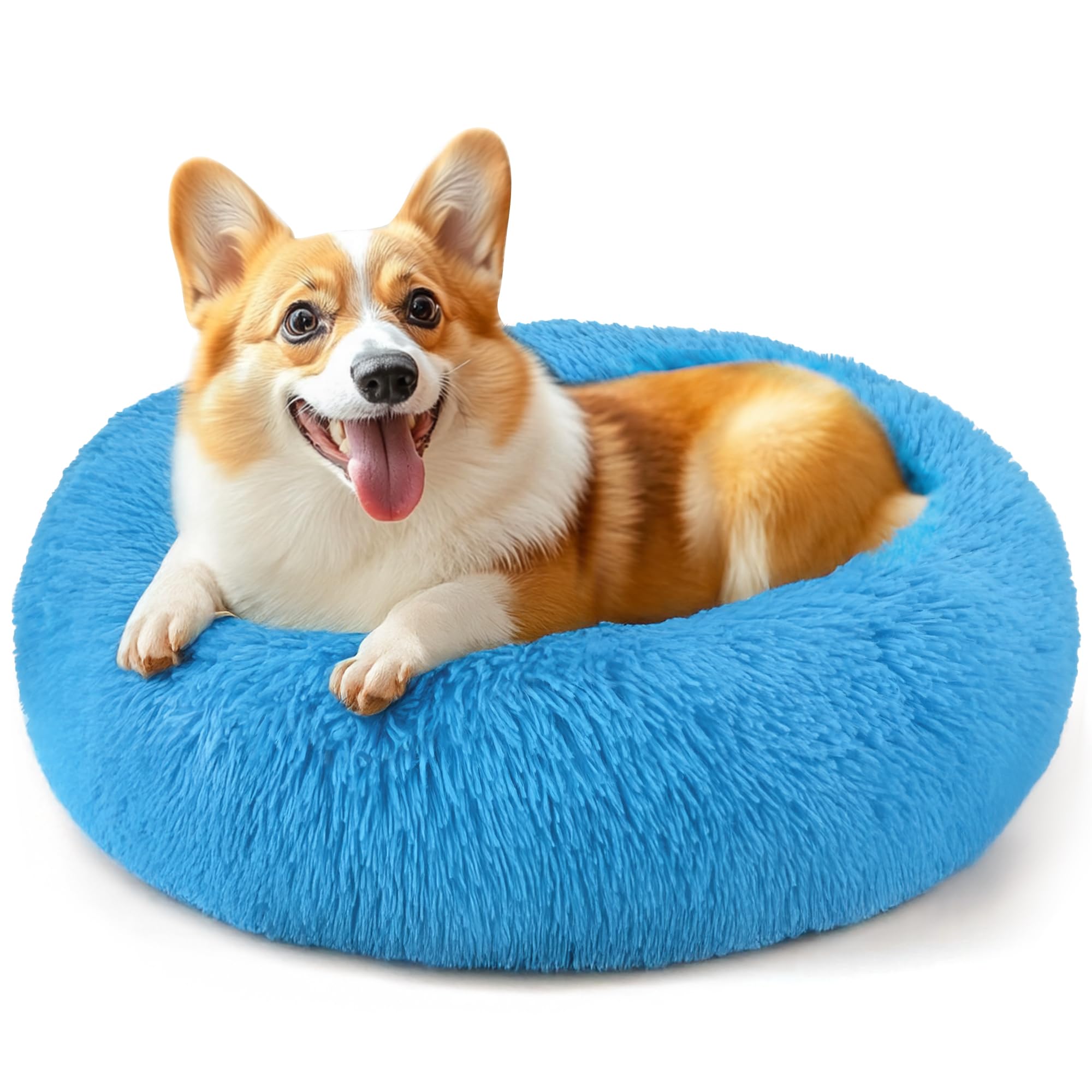 28in Large Dog Bed, Medium Size Dog and Cats, Calming Donut Bed for Puppy and Kitten, Washable Round Fluffy Pet Bed (Light Blue)