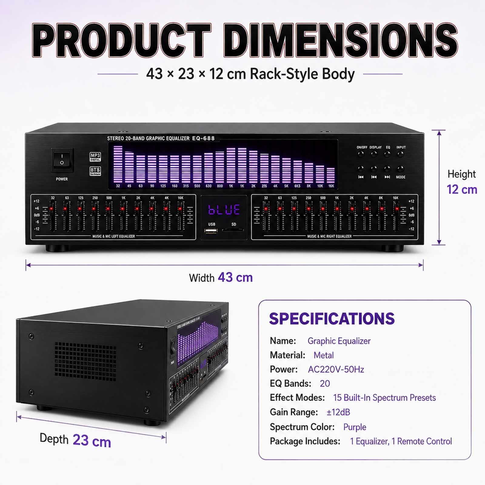 20-pasmowy Graficzny Korektor Stereo, Cyfrowy Korektor, Wyświetlacz Widma Led, 15 Trybów Dynamicznych, Regulacja ±12 Db, Z Pilotem, Wysoce Wydajna Redukcja Szumów, Do Domowego Audio
