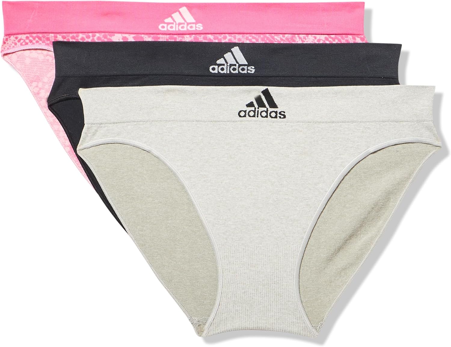 adidas Women's Seamless Bikini Underwear Multipack, Pink Snake/Heather Grey/Black, Large