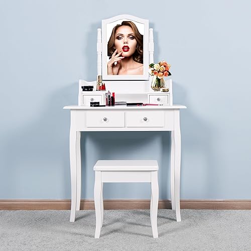 FideMm Tocador de Maquillaje para Mujer - Juego de escritorio blanco con 4 cajones y espejo, mesa pequeña de maquillaje de madera para dormitorio,
