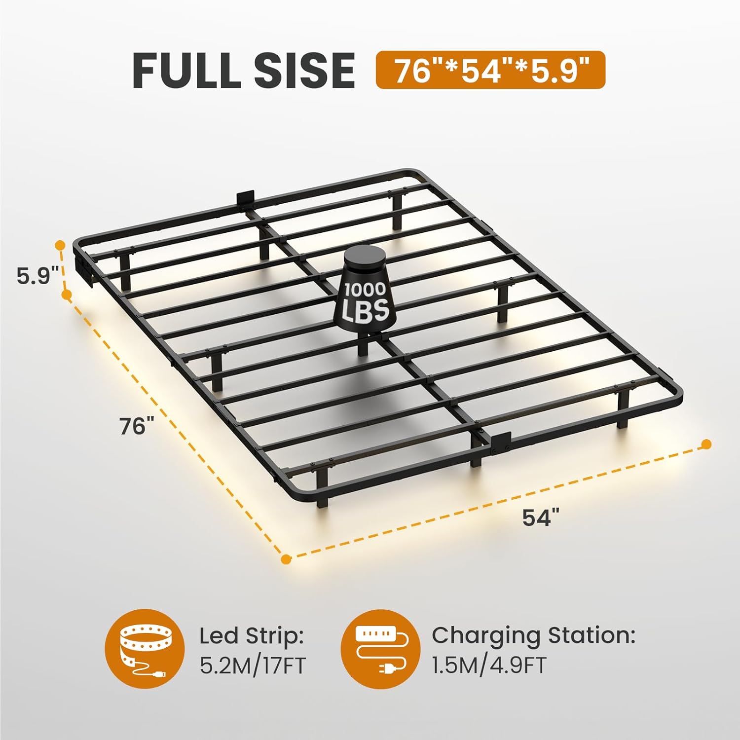Full Size Floating Bed Frame with LED Lights, Heavy Duty Metal Platform Floating Bed Frame with Charging Station, No Box Spring Needed, Easy Assembly, Noise Free