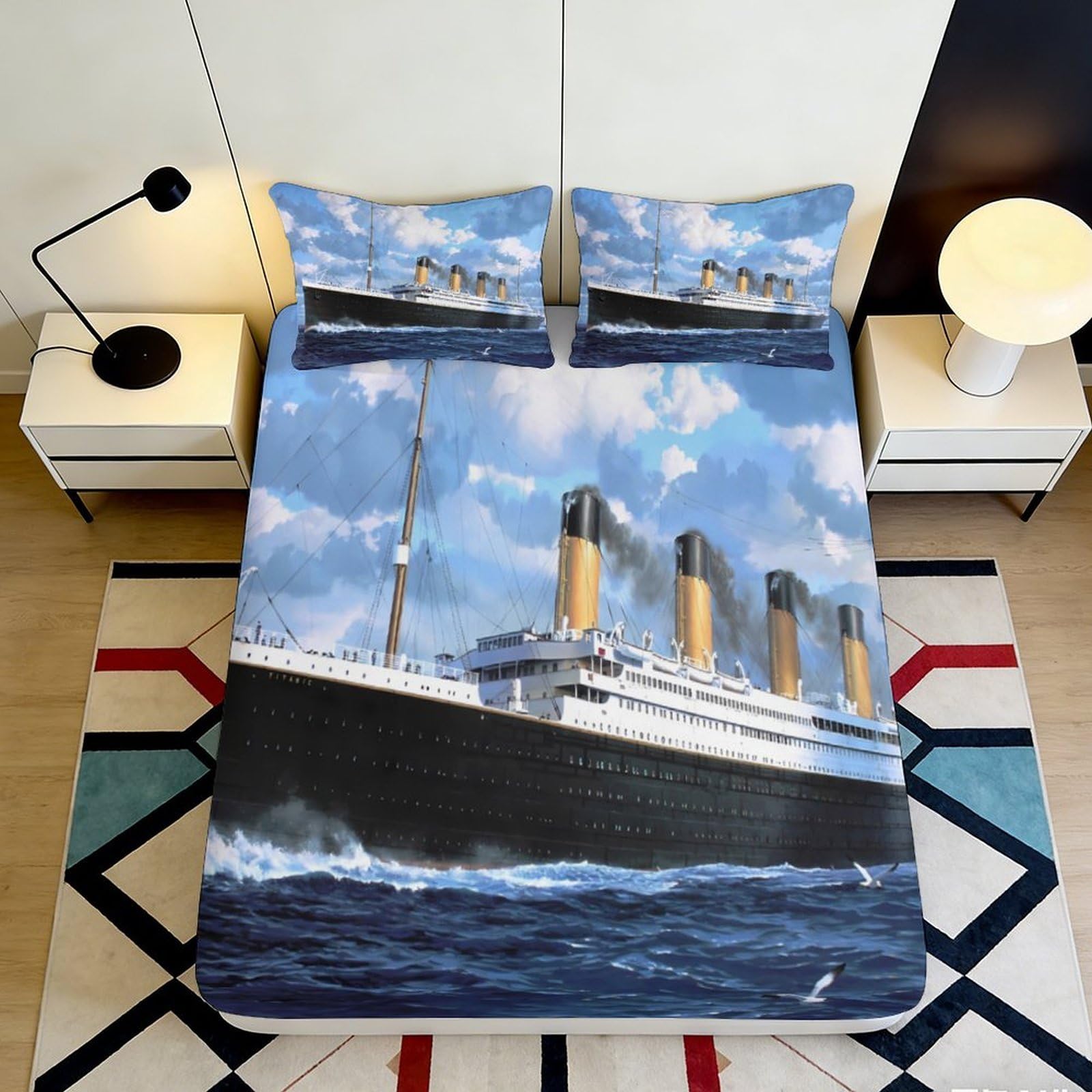 3D Printed Titanic Ship Fitted Sheet Microfiber Soft Breathable Ocean Scene Bed Cover for Bedroom Dormitory Guest Room Mattress Protection Decor 90x200x25cm