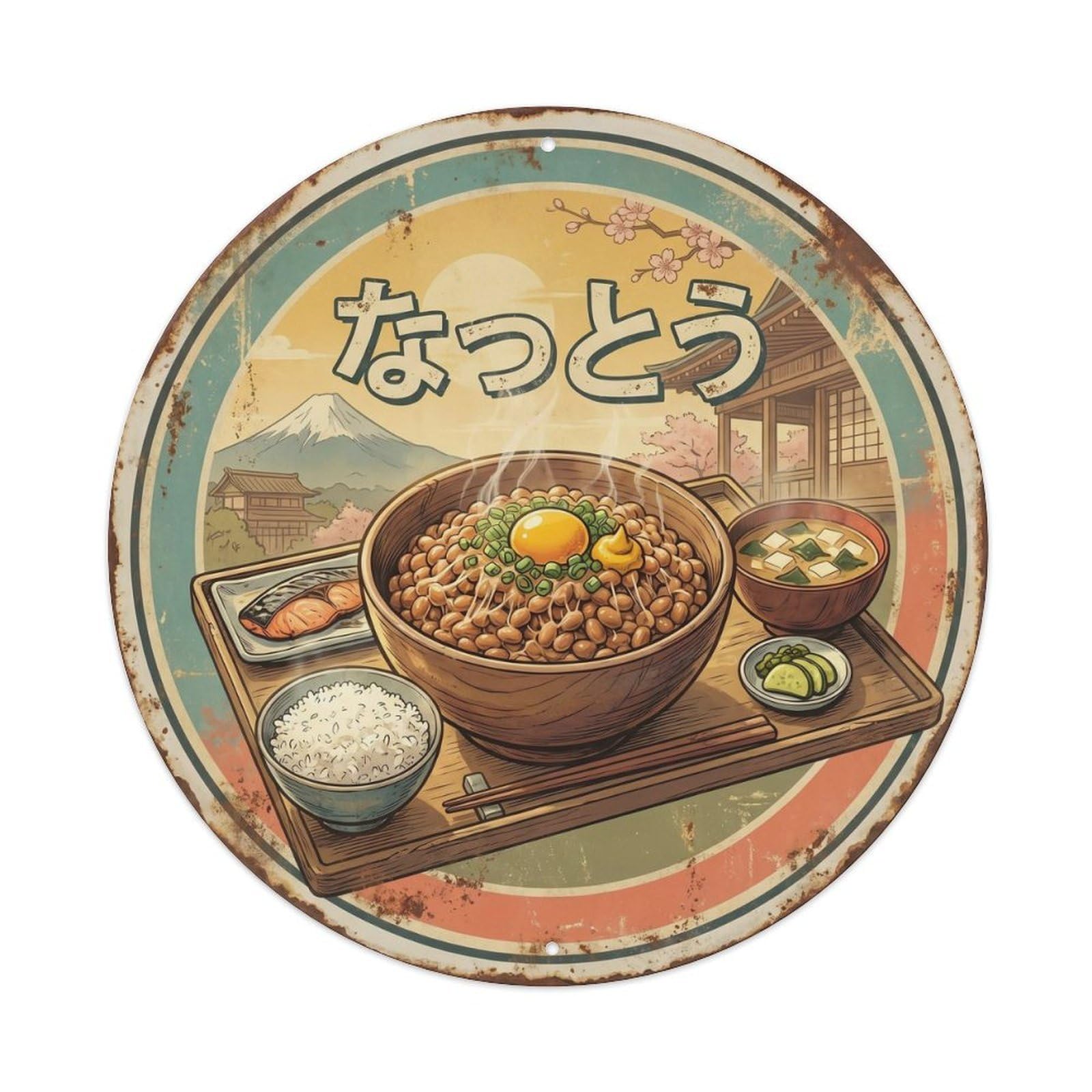 Cxhjca 8X8inch(20X20cm) Natto Japanese Lunch Vintage Travel Food Breakfast Metal Tin Sign