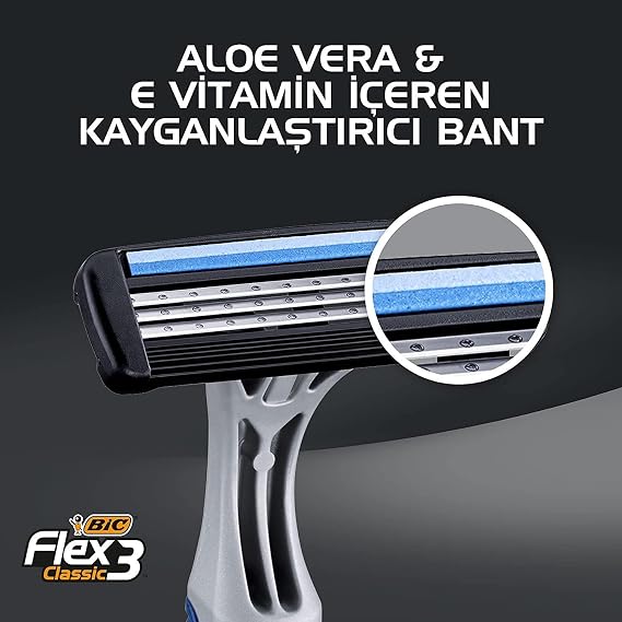 BIC Flex 3 Men's Razor 6-Piece Blister (3 Blades), 3 Blades That Can Move Independently of Each Other, Playing Head, Enriched Lubricating Gel Strip with Aloe Vera