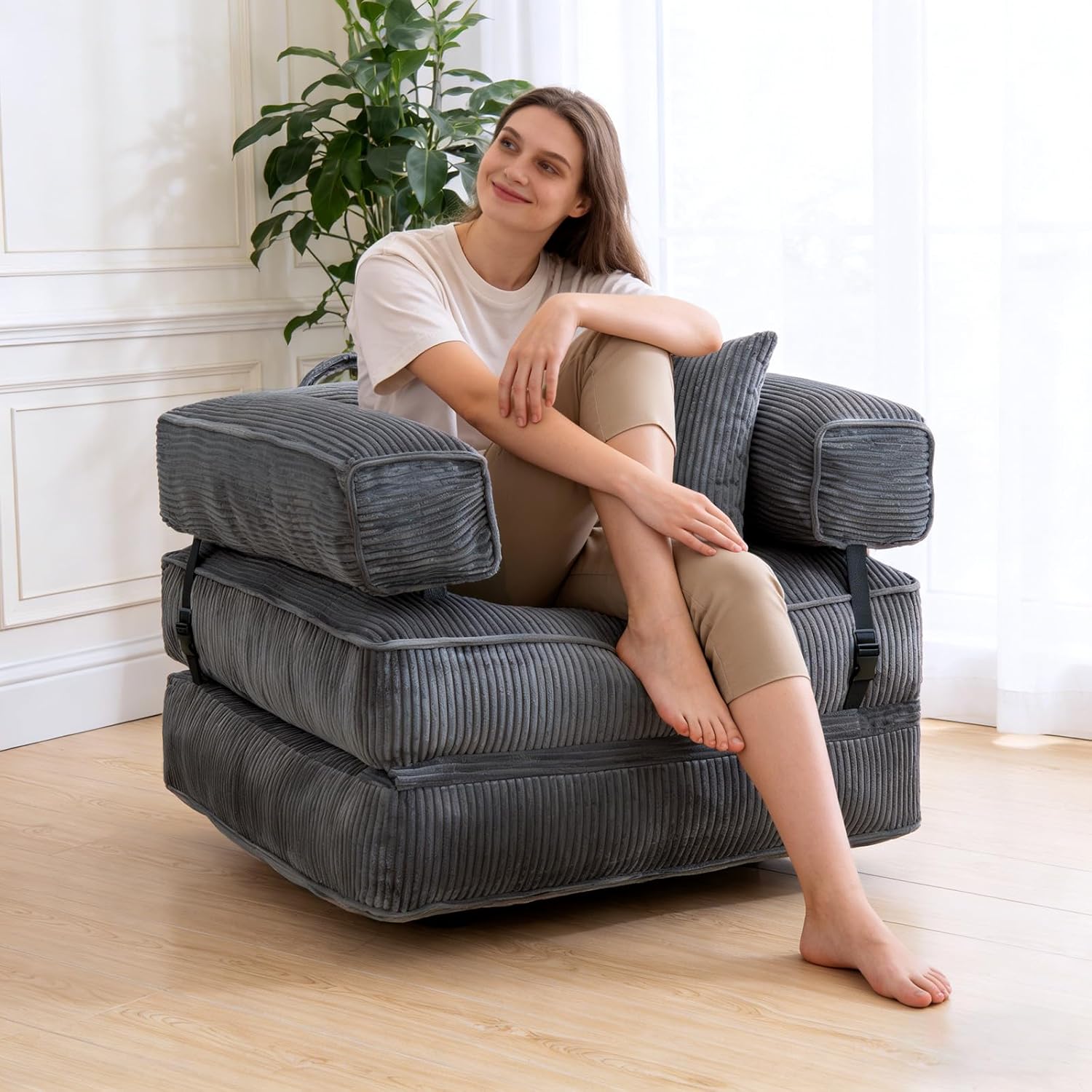 Folding Sofa Bed Chair, U-Shaped Convertible Sleeper Chair with Armrests & Pillow, Fold-Out Single Chair Bed with Back Support for Living Room or Bedroom