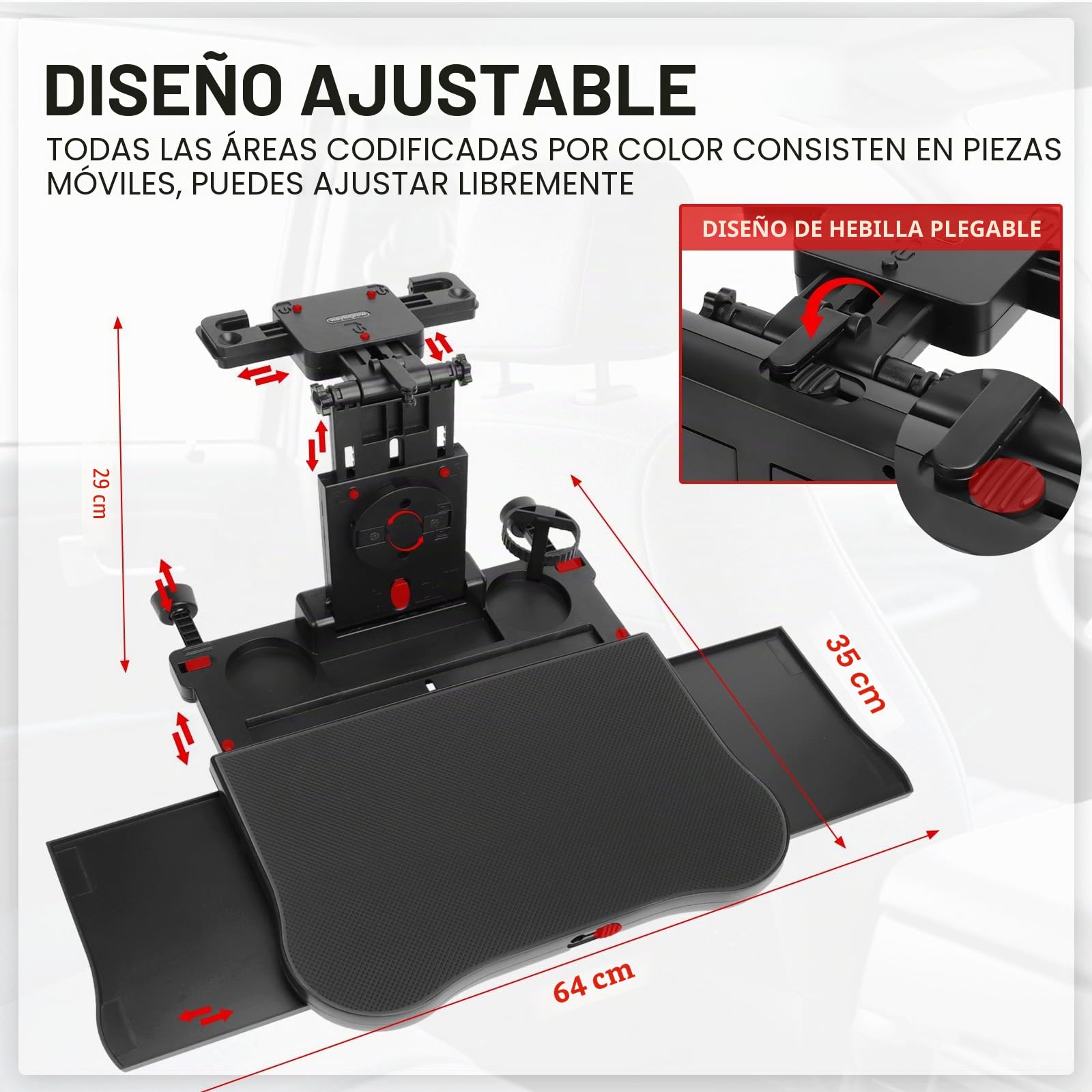 Mesa de Asiento Trasero para Coche, Mesa Portátil para el Asiento del Coche con Portavasos y Soporte para el Móvil, Mesa Multifuncional Plegable, Capacidad de Carga de 15-20 kg