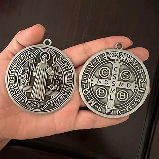 Bovemee 2PCS ST BENEDICT CROSS MEDAL 3 INCH VINTAGE BRASS TONE FINISH FOR WALL OR DESK DISPLAY/MEDALLA DE SAN BENITO (Silvery)