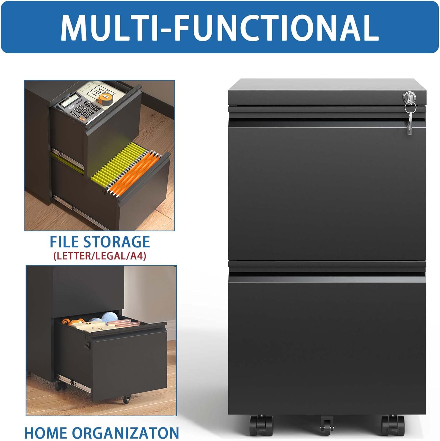 File Cabinets for Home Office, Rolling Metal Filing Storage Cabinet Organizer with 2 Drawers and Wheels, Mobile Under Desk Vertical Printer Stand Unit for Small Space Legal/Letter/a4 Size (Black)