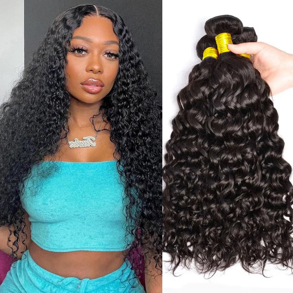 10A Water Wave Bundles 100% Unprocessed Brazilian Human Hair Bundles 26 28 30 Inch Soft and Thick Human Hair Weave Virgin Hair Extensions Natural Black Color for Black Woman
