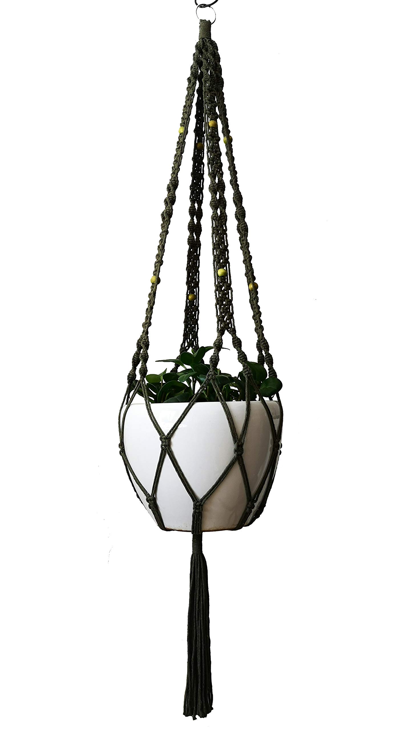 HanpoHemp and Cotton Rope Macrame Plant Hanger Hanging Planter 4 Legs 55 Inch, Without Pot for 12-13 inch Plant Pot (Dark Green -Cotton)
