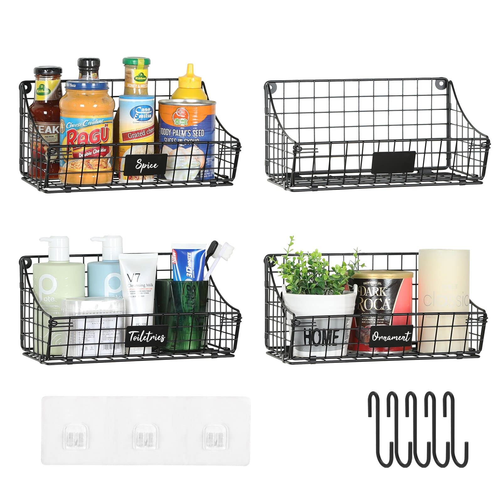 Sonyabecca 4 Pack Hanging Wall Basket for Organizing, Large Wire Basket for Storage Pantry with 5 S Hook+4 Adhesive Hook, Wall Mounted Shelf for Kitchen Bathroom