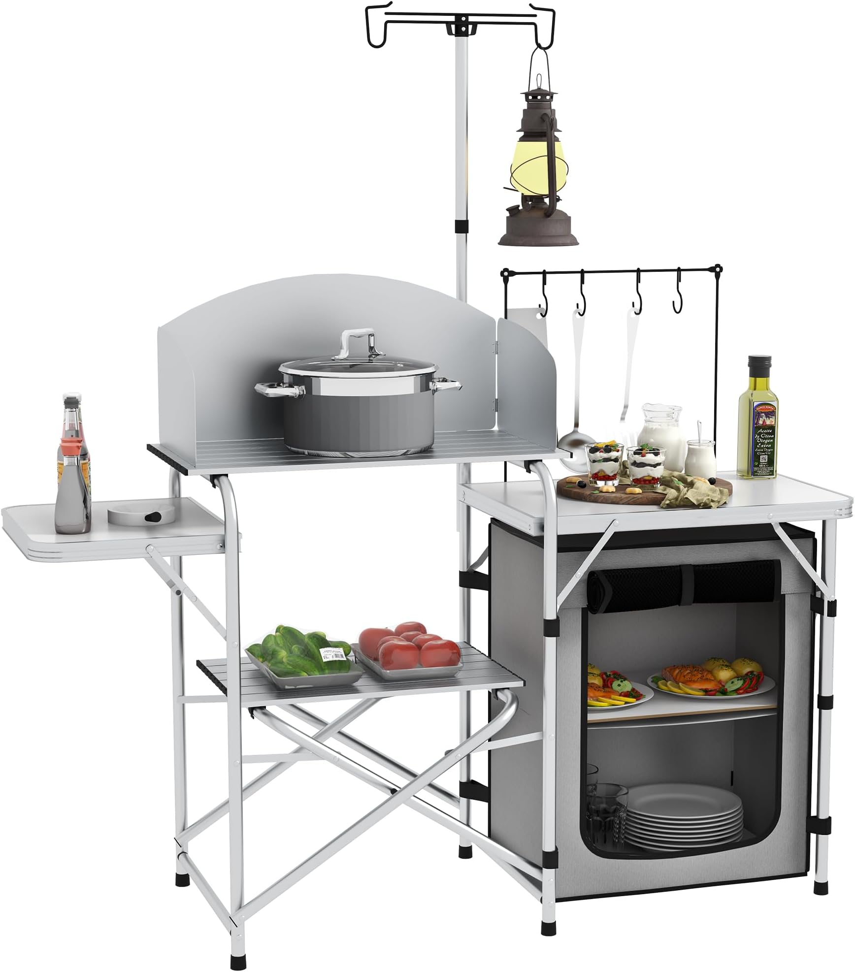 Outsunny Camping Kitchen with Storage Cupboard, Folding Camping Table, Aluminium Portable Picnic Table with Windshield, Light Stand, Carrying Bag for BBQ, Silver
