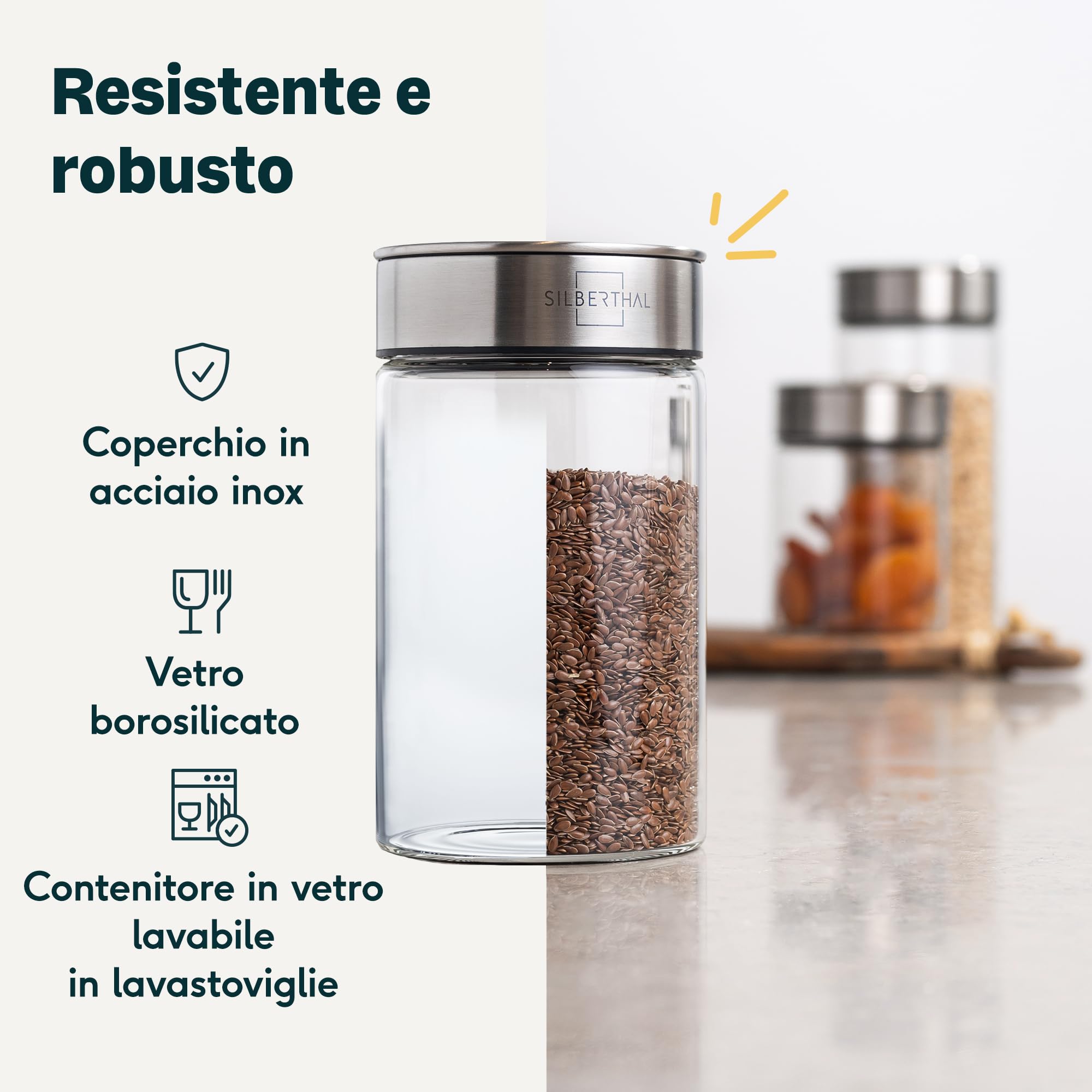 SILBERTHAL Set 6 barattoli vetro ermetici e antitarme - Per dispensa cucina impilabili - 1,7+1,5+1,3+1+0,7+0,4L