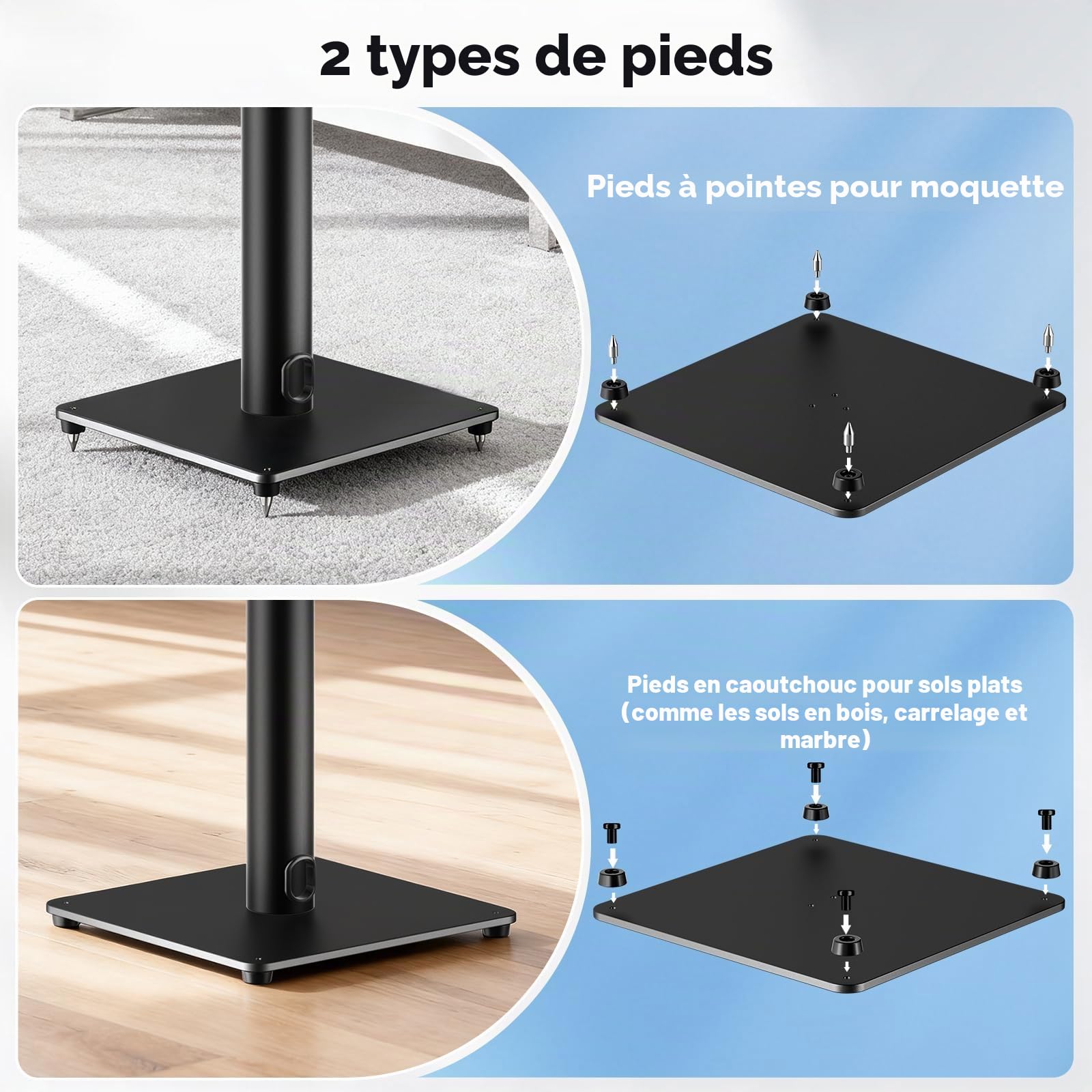 1 paire de supports d'enceintes universels réglables en hauteur de 72 à 120 cm avec gestion des câbles stable, capacité de charge de 15 kg