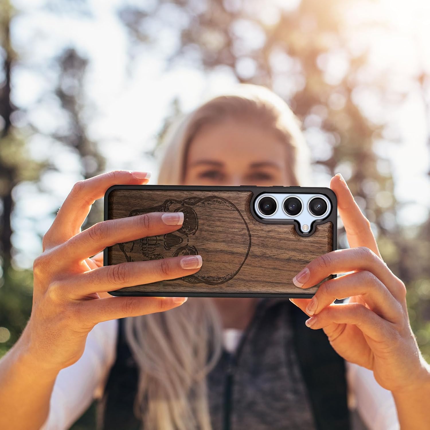 Carveit Wood Case for Galaxy S24 FE Case [Natural Wood & Black Soft TPU] Shockproof Protective Cover Unique Wooden Design Compatible with S24 FE (Shadowed Skull-Walnut)