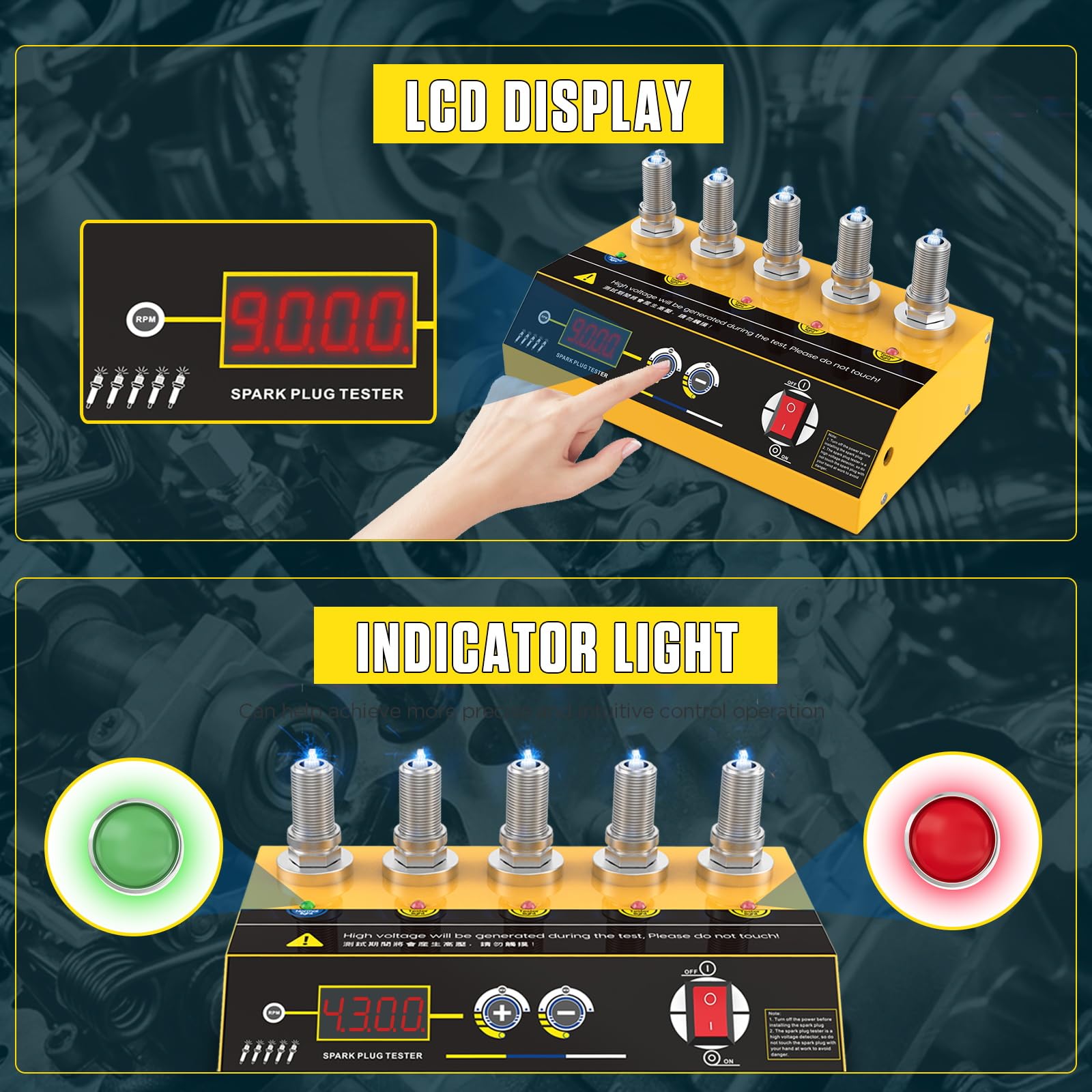BELEY Tester per Candele Automobilistiche - Tester di Accensione per Motocicli a 5 Fori da 220V 200-9000 giri/min Frequenza Regolabile con Display Digitale e Indicatore, per Auto e Moto con Motore 12v
